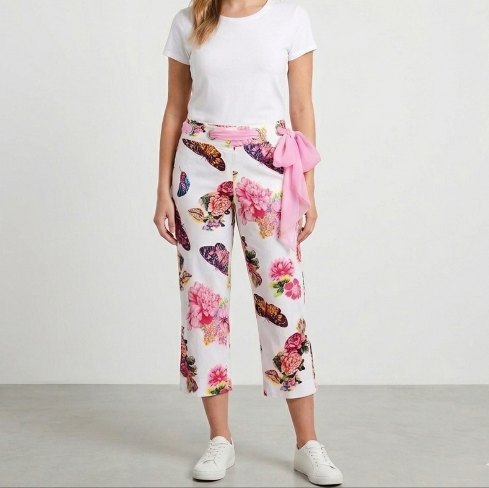 Yuka Resort Y2K Butterfly Floral Scarf Belt Capri Pants - Size 4